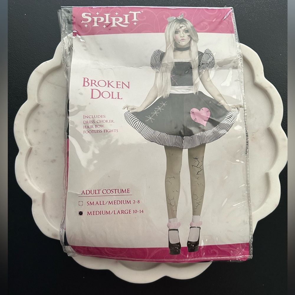 Broken Doll Costume with Dress, Choker, Hair Bow Footless Tights, Wig & Makeup